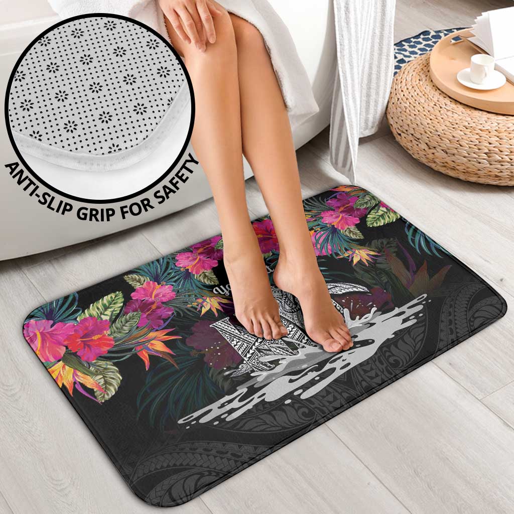 Personalised Hawaii Bathroom Set Humpback Whale Tattoo With Tropical Flowers Black