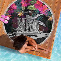 Personalised Hawaii Beach Blanket Humpback Whale Tattoo With Tropical Flowers Black LT14 - Polynesian Pride