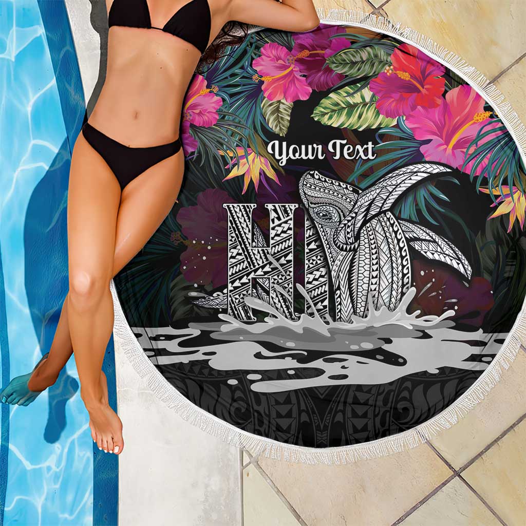 Personalised Hawaii Beach Blanket Humpback Whale Tattoo With Tropical Flowers Black LT14 - Polynesian Pride