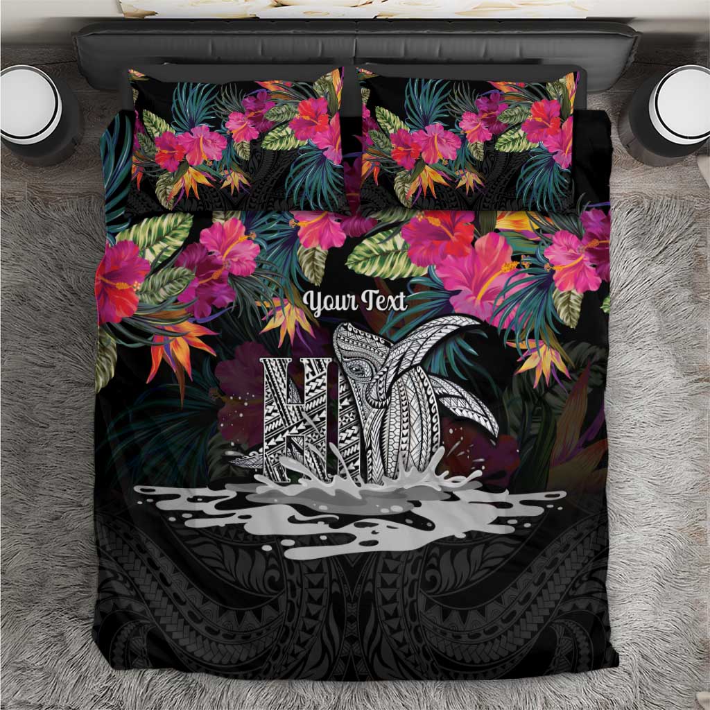 Personalised Hawaii Bedding Set Humpback Whale Tattoo With Tropical Flowers Black