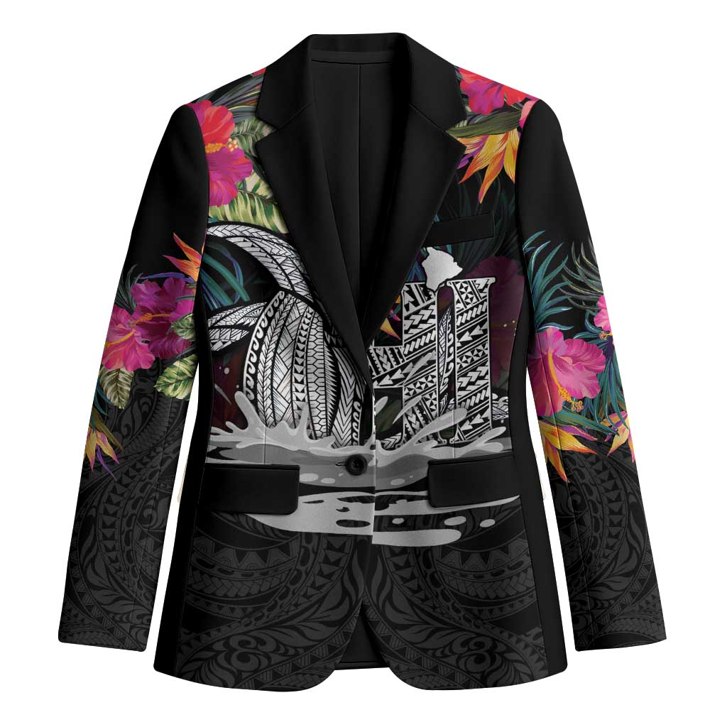 Personalised Hawaii Blazer Humpback Whale Tattoo With Tropical Flowers Black LT14 Unisex Black - Polynesian Pride