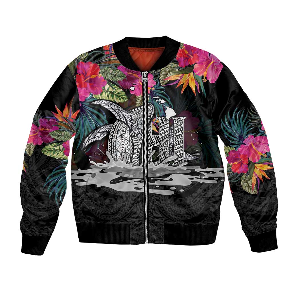 Personalised Hawaii Bomber Jacket Humpback Whale Tattoo With Tropical Flowers Black LT14 Unisex Black - Polynesian Pride