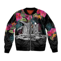 Personalised Hawaii Bomber Jacket Humpback Whale Tattoo With Tropical Flowers Black LT14 Unisex Black - Polynesian Pride
