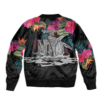 Personalised Hawaii Bomber Jacket Humpback Whale Tattoo With Tropical Flowers Black LT14 - Polynesian Pride