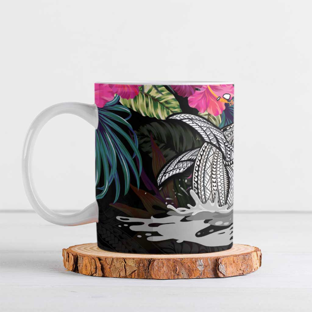 Personalised Hawaii Ceramic Mug Humpback Whale Tattoo With Tropical Flowers Black