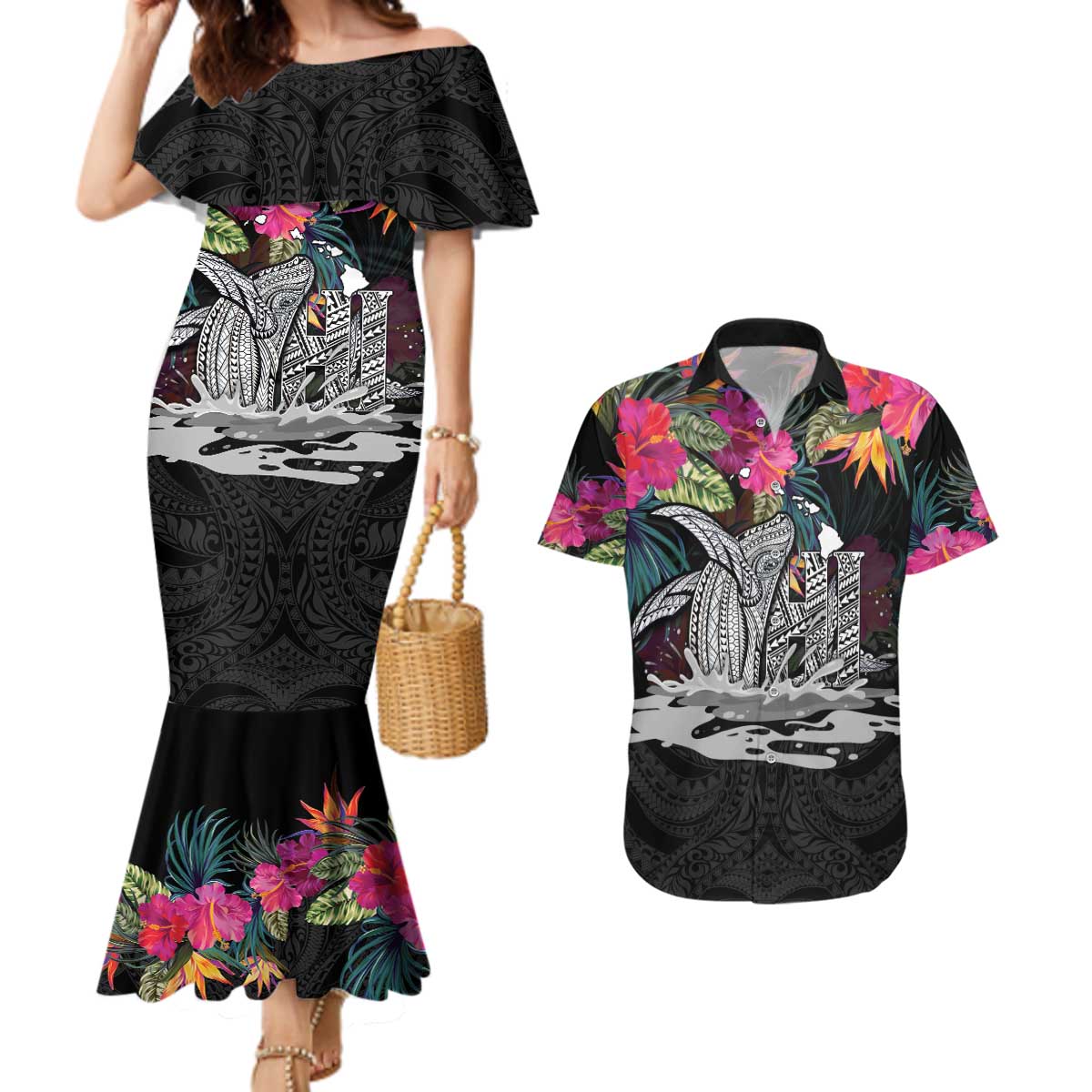 Personalised Hawaii Couples Matching Mermaid Dress and Hawaiian Shirt Humpback Whale Tattoo With Tropical Flowers Black