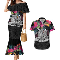Personalised Hawaii Couples Matching Mermaid Dress and Hawaiian Shirt Humpback Whale Tattoo With Tropical Flowers Black