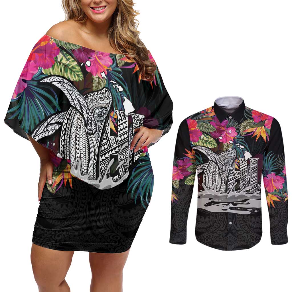 Personalised Hawaii Couples Matching Off Shoulder Short Dress and Long Sleeve Button Shirt Humpback Whale Tattoo With Tropical Flowers Black LT14 Black - Polynesian Pride