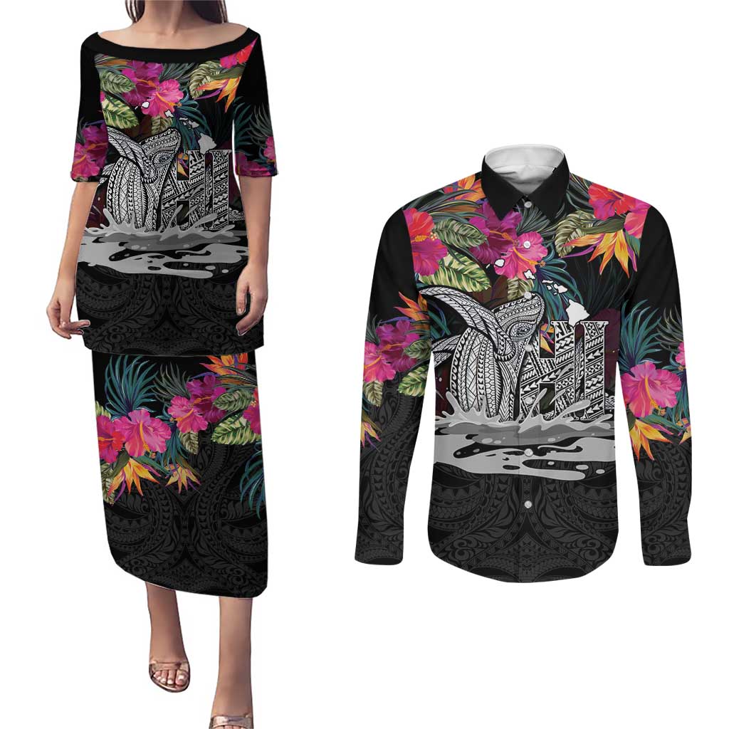 Personalised Hawaii Couples Matching Puletasi and Long Sleeve Button Shirt Humpback Whale Tattoo With Tropical Flowers Black LT14 Black - Polynesian Pride