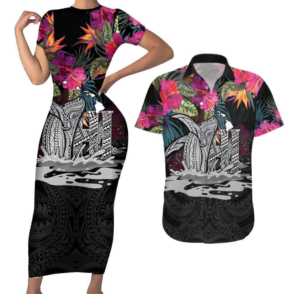 Personalised Hawaii Couples Matching Short Sleeve Bodycon Dress and Hawaiian Shirt Humpback Whale Tattoo With Tropical Flowers Black LT14 Black - Polynesian Pride