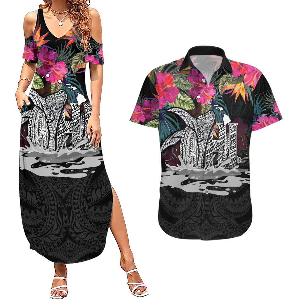 Personalised Hawaii Couples Matching Summer Maxi Dress and Hawaiian Shirt Humpback Whale Tattoo With Tropical Flowers Black LT14 Black - Polynesian Pride