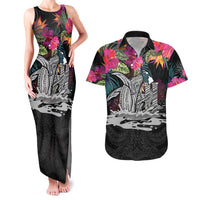 Personalised Hawaii Couples Matching Tank Maxi Dress and Hawaiian Shirt Humpback Whale Tattoo With Tropical Flowers Black