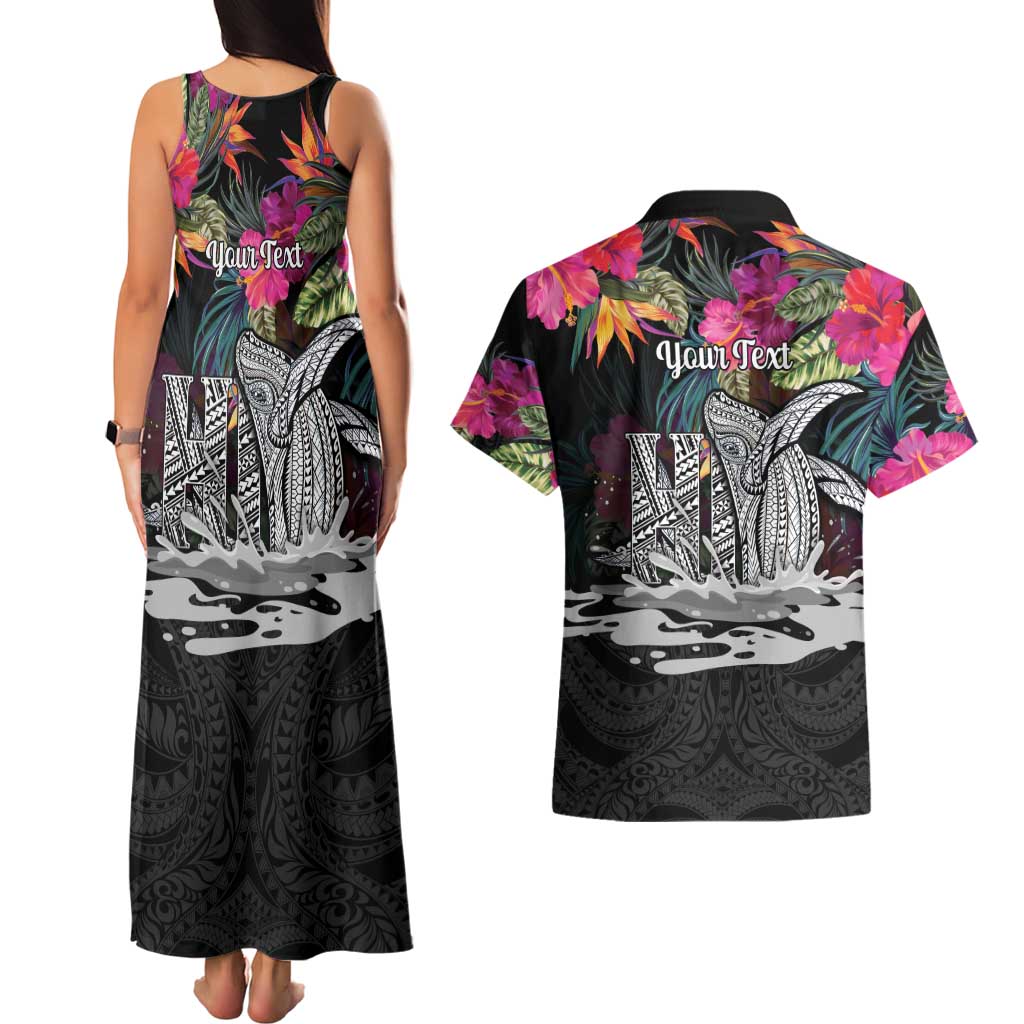 Personalised Hawaii Couples Matching Tank Maxi Dress and Hawaiian Shirt Humpback Whale Tattoo With Tropical Flowers Black