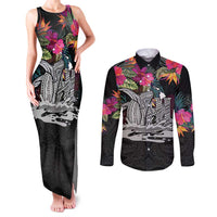 Personalised Hawaii Couples Matching Tank Maxi Dress and Long Sleeve Button Shirt Humpback Whale Tattoo With Tropical Flowers Black