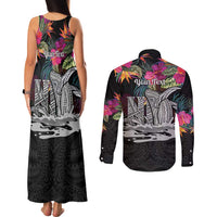 Personalised Hawaii Couples Matching Tank Maxi Dress and Long Sleeve Button Shirt Humpback Whale Tattoo With Tropical Flowers Black