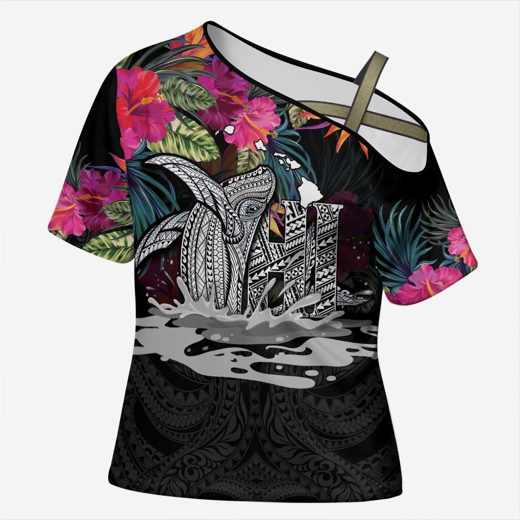 Personalised Hawaii Cross Shoulder Shirt Humpback Whale Tattoo With Tropical Flowers Black LT14 Female Black - Polynesian Pride