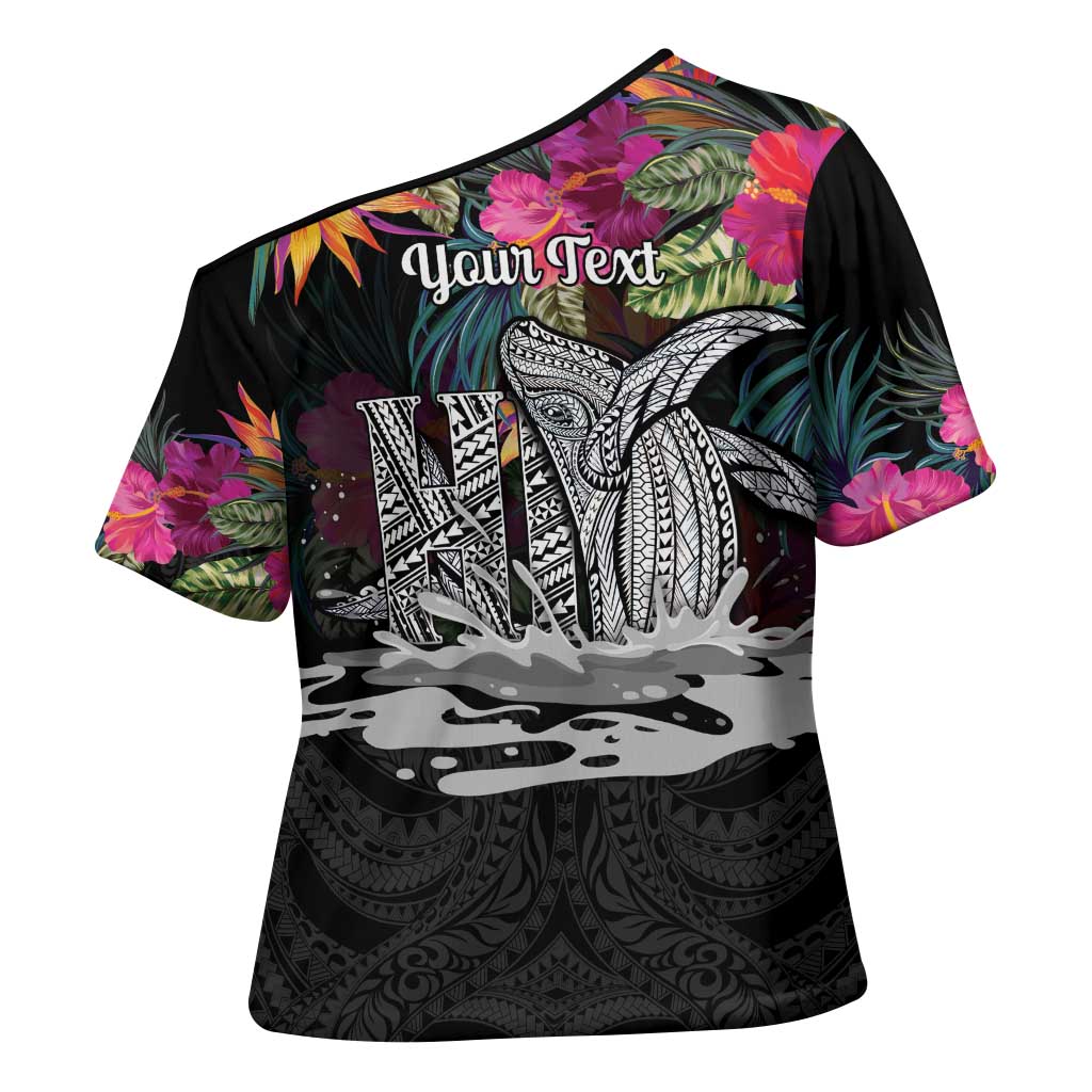 Personalised Hawaii Cross Shoulder Shirt Humpback Whale Tattoo With Tropical Flowers Black LT14 - Polynesian Pride