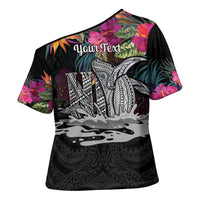 Personalised Hawaii Cross Shoulder Shirt Humpback Whale Tattoo With Tropical Flowers Black LT14 - Polynesian Pride