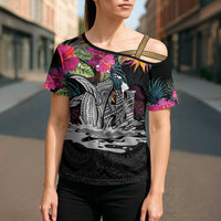 Personalised Hawaii Cross Shoulder Shirt Humpback Whale Tattoo With Tropical Flowers Black LT14 - Polynesian Pride