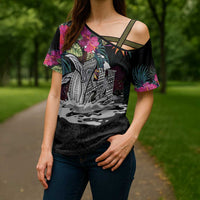 Personalised Hawaii Cross Shoulder Shirt Humpback Whale Tattoo With Tropical Flowers Black LT14 - Polynesian Pride