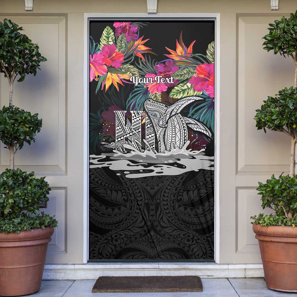 Personalised Hawaii Door Cover Humpback Whale Tattoo With Tropical Flowers Black LT14 Black - Polynesian Pride