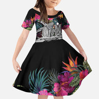Personalised Hawaii Family Matching Long Sleeve Bodycon Dress and Hawaiian Shirt Humpback Whale Tattoo With Tropical Flowers Black LT14 Daughter's Dress Black - Polynesian Pride