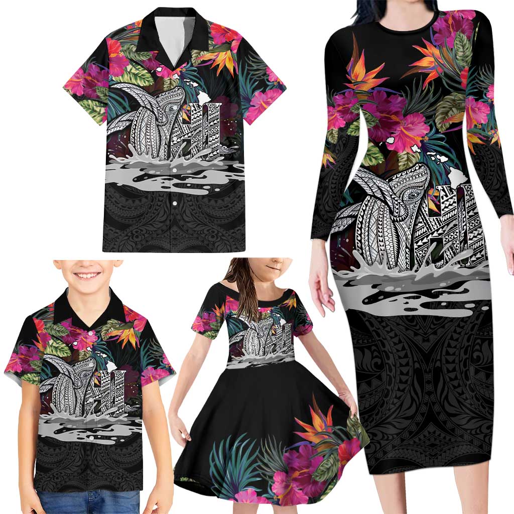 Personalised Hawaii Family Matching Long Sleeve Bodycon Dress and Hawaiian Shirt Humpback Whale Tattoo With Tropical Flowers Black LT14 - Polynesian Pride