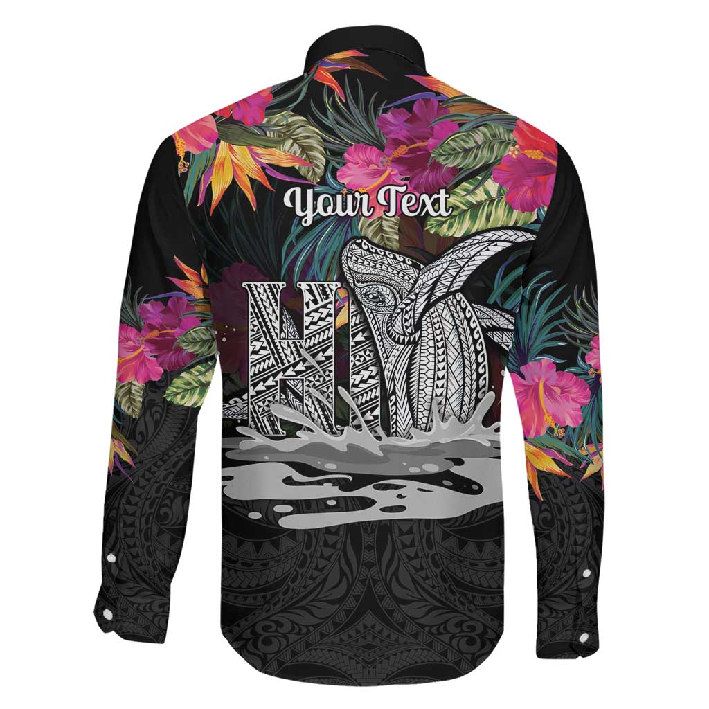 Personalised Hawaii Family Matching Long Sleeve Bodycon Dress and Hawaiian Shirt Humpback Whale Tattoo With Tropical Flowers Black LT14 - Polynesian Pride