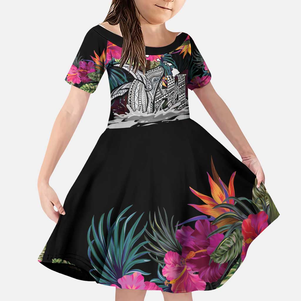 Personalised Hawaii Family Matching Mermaid Dress and Hawaiian Shirt Humpback Whale Tattoo With Tropical Flowers Black LT14 Daughter's Dress Black - Polynesian Pride