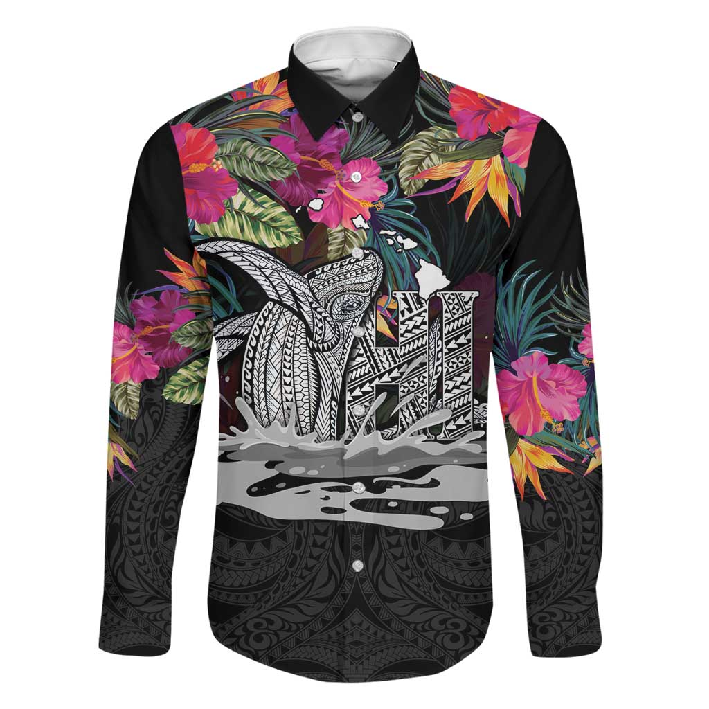 Personalised Hawaii Family Matching Mermaid Dress and Hawaiian Shirt Humpback Whale Tattoo With Tropical Flowers Black LT14 Dad's Shirt - Long Sleeve Black - Polynesian Pride