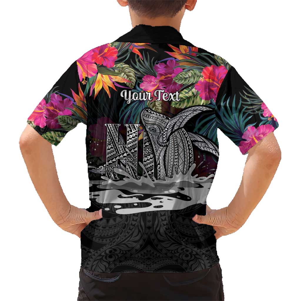 Personalised Hawaii Family Matching Short Sleeve Bodycon Dress and Hawaiian Shirt Humpback Whale Tattoo With Tropical Flowers Black LT14 - Polynesian Pride