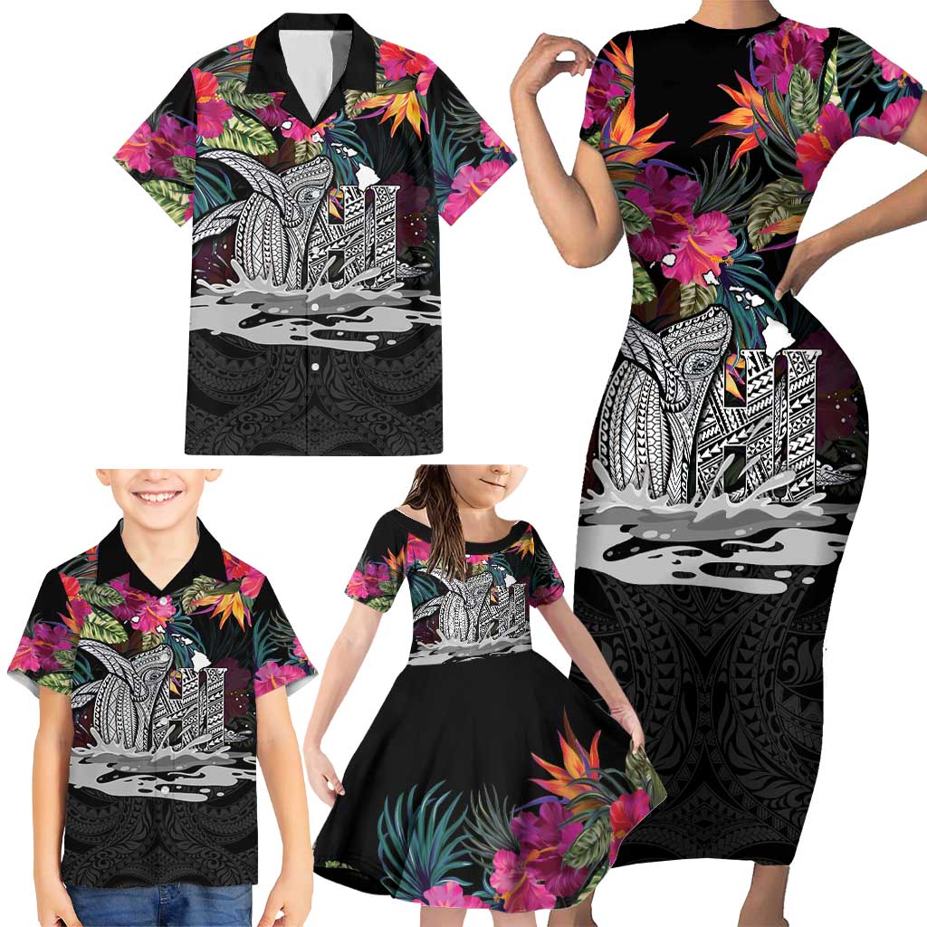 Personalised Hawaii Family Matching Short Sleeve Bodycon Dress and Hawaiian Shirt Humpback Whale Tattoo With Tropical Flowers Black LT14 - Polynesian Pride