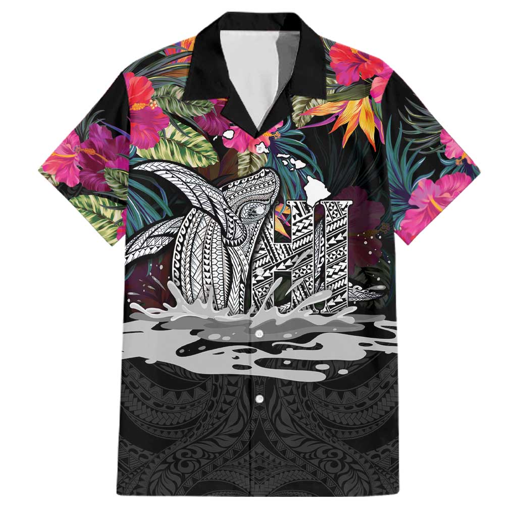 Personalised Hawaii Family Matching Short Sleeve Bodycon Dress and Hawaiian Shirt Humpback Whale Tattoo With Tropical Flowers Black LT14 Dad's Shirt - Short Sleeve Black - Polynesian Pride