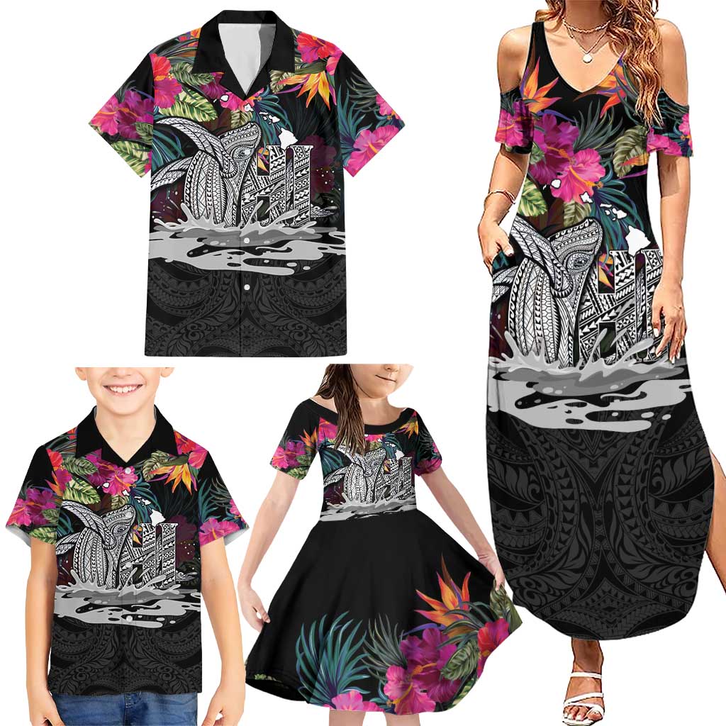 Personalised Hawaii Family Matching Summer Maxi Dress and Hawaiian Shirt Humpback Whale Tattoo With Tropical Flowers Black LT14 - Polynesian Pride