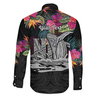 Personalised Hawaii Family Matching Tank Maxi Dress and Hawaiian Shirt Humpback Whale Tattoo With Tropical Flowers Black LT14 - Polynesian Pride