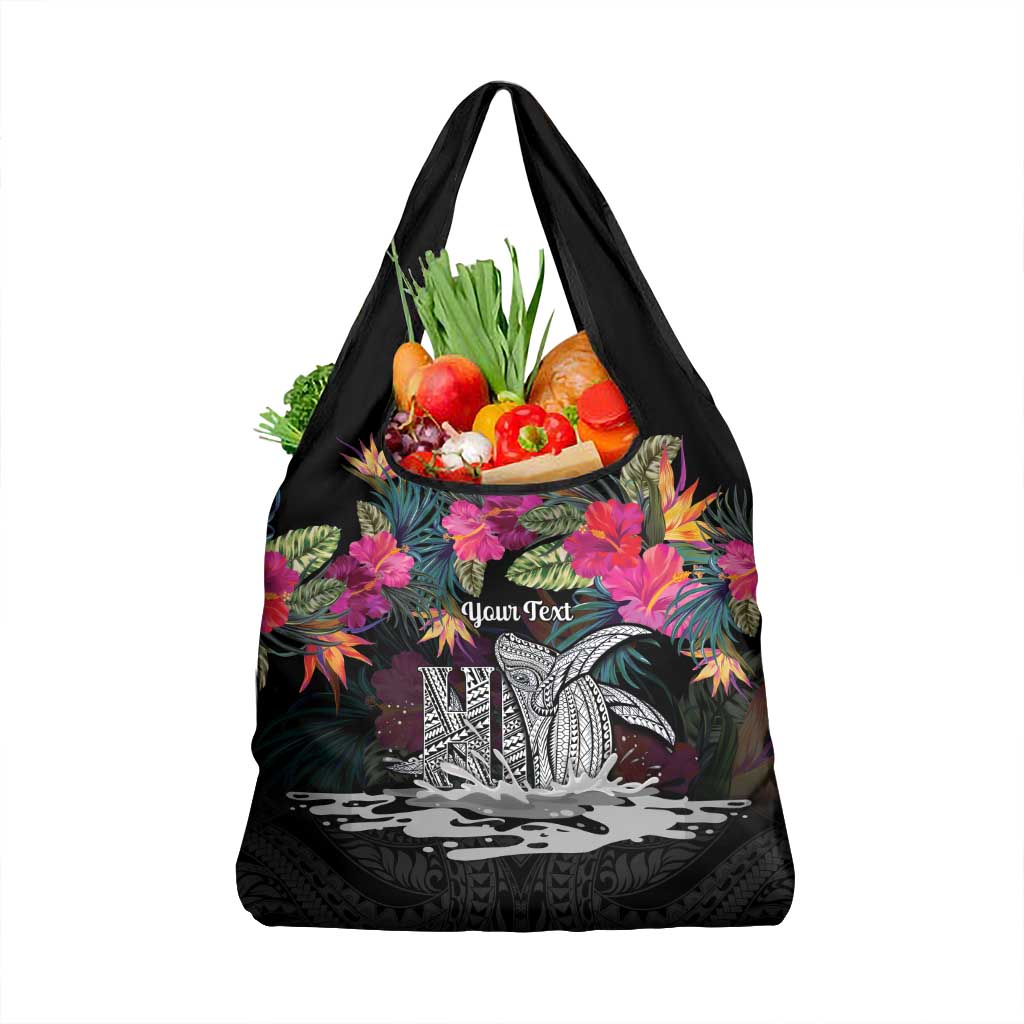 Personalised Hawaii Grocery Bag Humpback Whale Tattoo With Tropical Flowers Black
