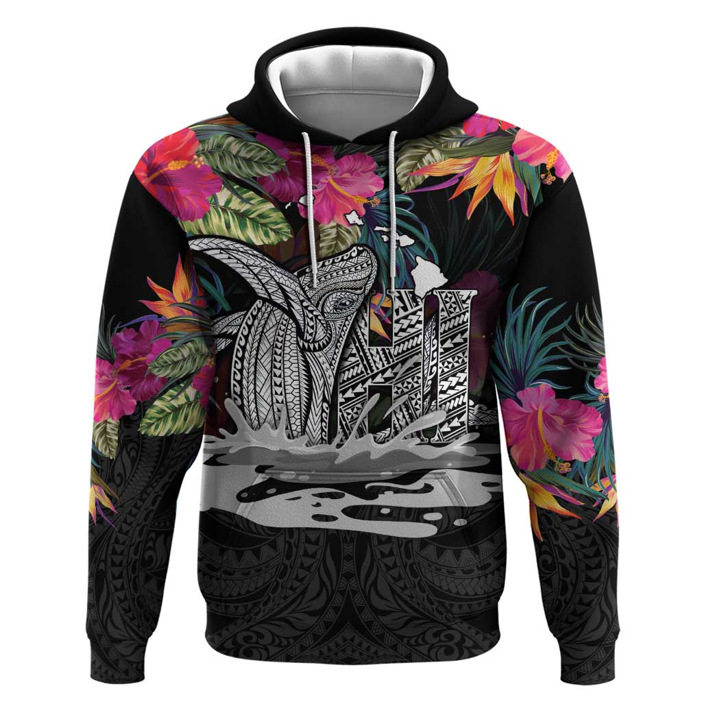 Personalised Hawaii Hoodie Humpback Whale Tattoo With Tropical Flowers Black