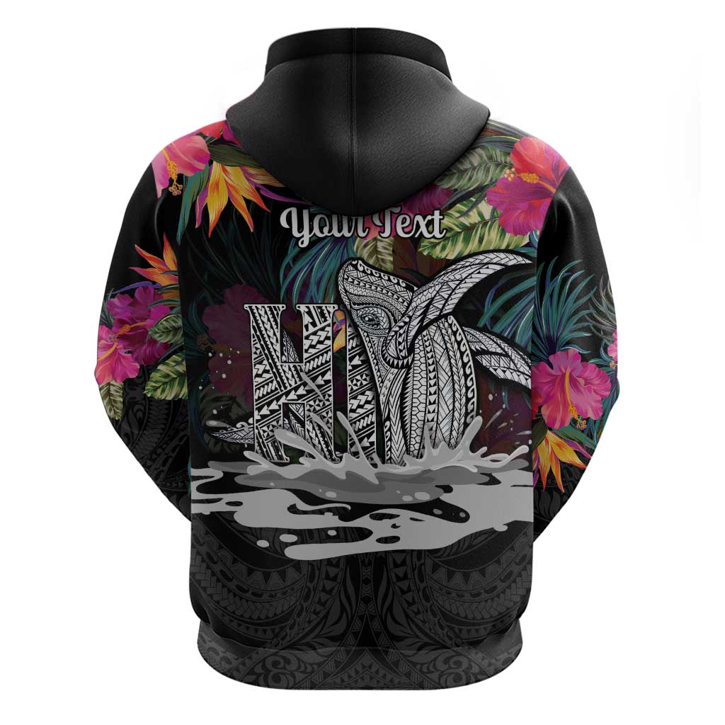 Personalised Hawaii Hoodie Humpback Whale Tattoo With Tropical Flowers Black