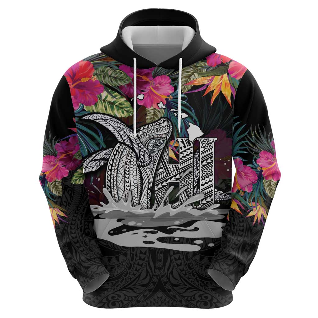 Personalised Hawaii Hoodie Humpback Whale Tattoo With Tropical Flowers Black