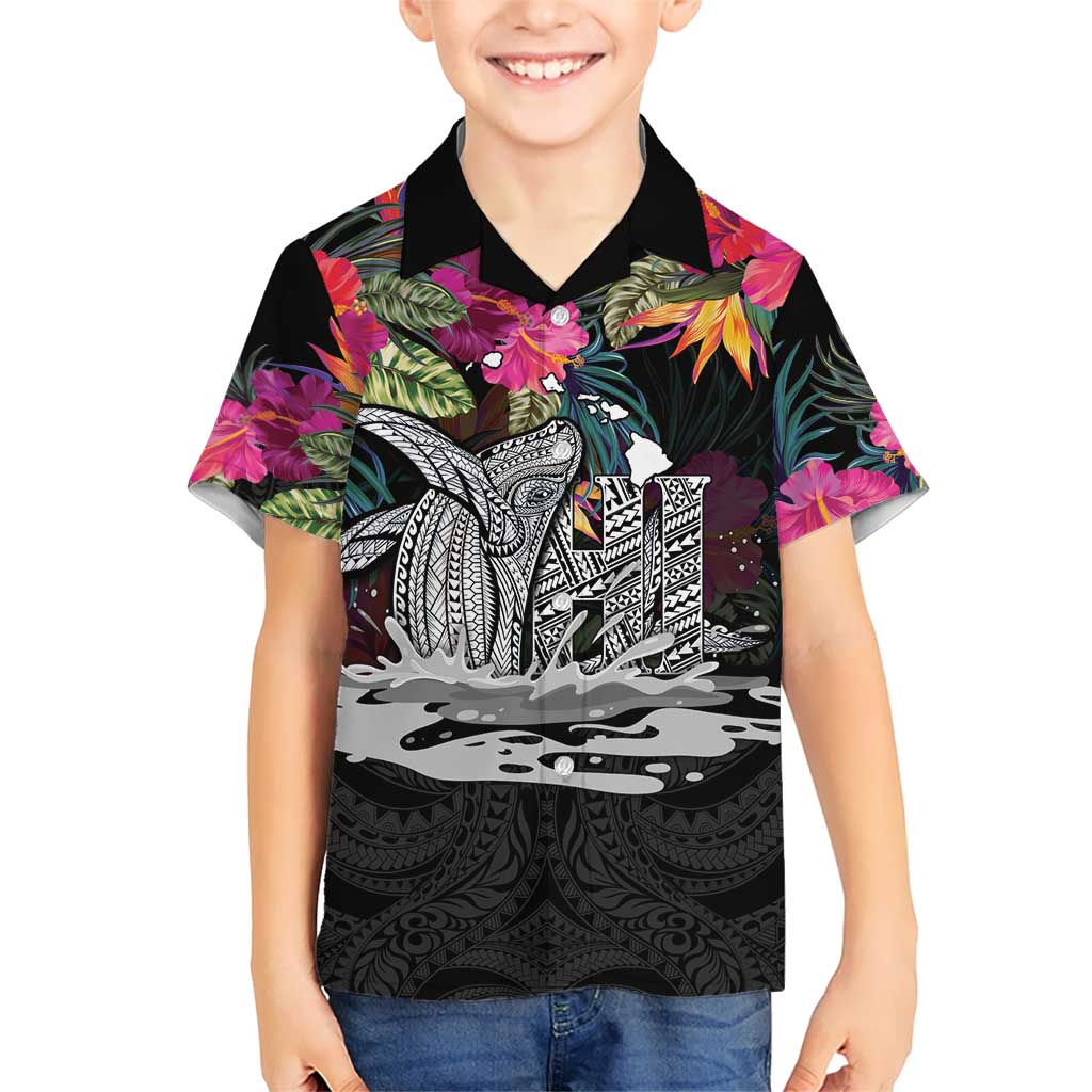 Personalised Hawaii Kid Hawaiian Shirt Humpback Whale Tattoo With Tropical Flowers Black
