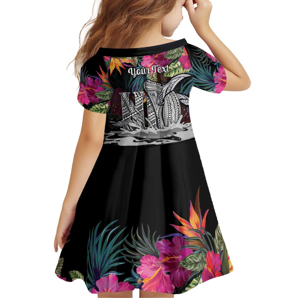 Personalised Hawaii Kid Short Sleeve Dress Humpback Whale Tattoo With Tropical Flowers Black LT14 - Polynesian Pride