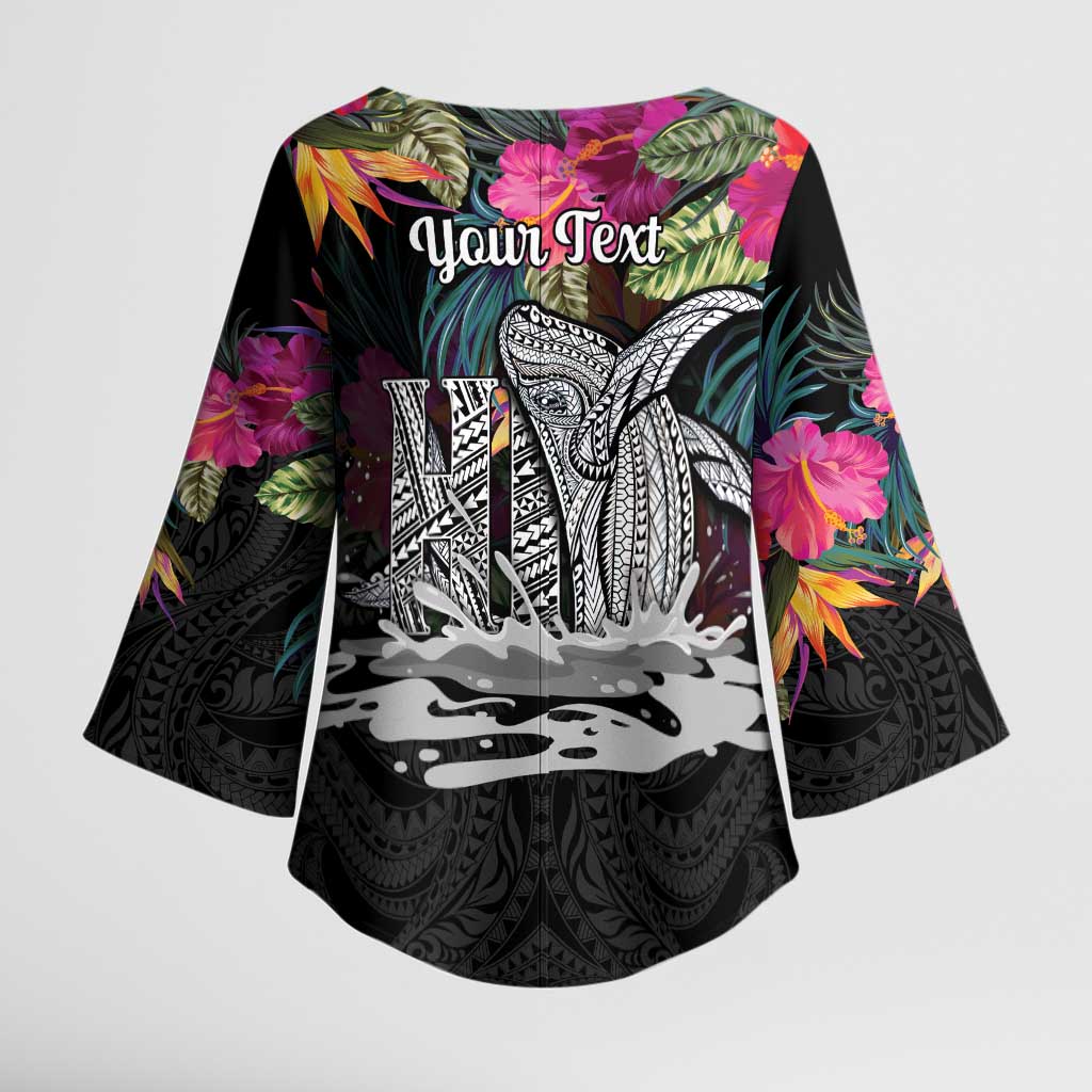 Personalised Hawaii Kimono Sleeve Blouse Humpback Whale Tattoo With Tropical Flowers Black LT14 - Polynesian Pride