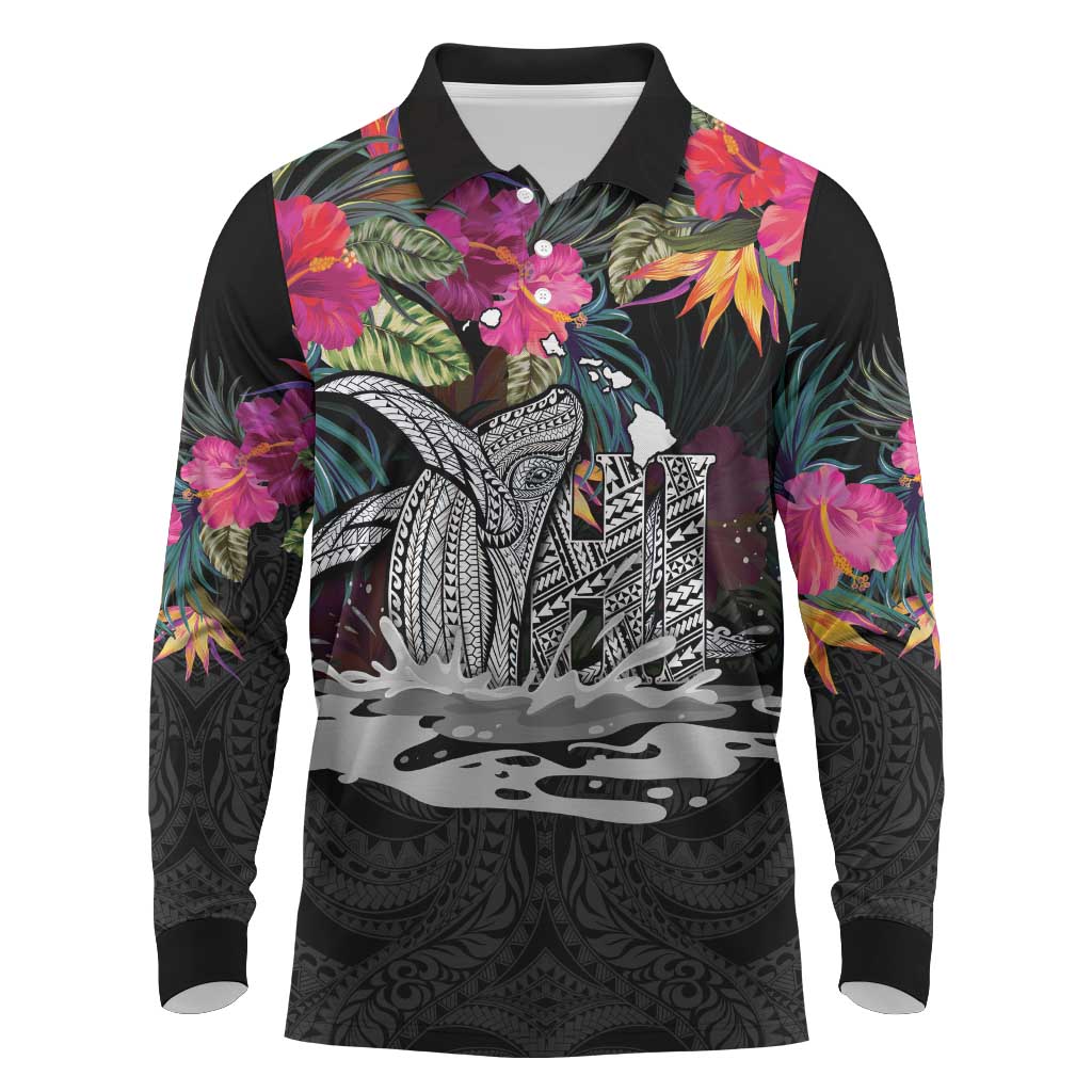 Personalised Hawaii Long Sleeve Polo Shirt Humpback Whale Tattoo With Tropical Flowers Black LT14 Black - Polynesian Pride