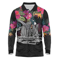 Personalised Hawaii Long Sleeve Polo Shirt Humpback Whale Tattoo With Tropical Flowers Black LT14 Black - Polynesian Pride