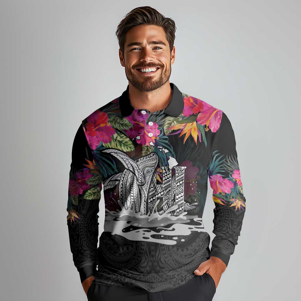Personalised Hawaii Long Sleeve Polo Shirt Humpback Whale Tattoo With Tropical Flowers Black LT14 - Polynesian Pride