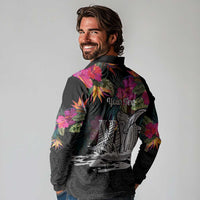 Personalised Hawaii Long Sleeve Polo Shirt Humpback Whale Tattoo With Tropical Flowers Black LT14 - Polynesian Pride