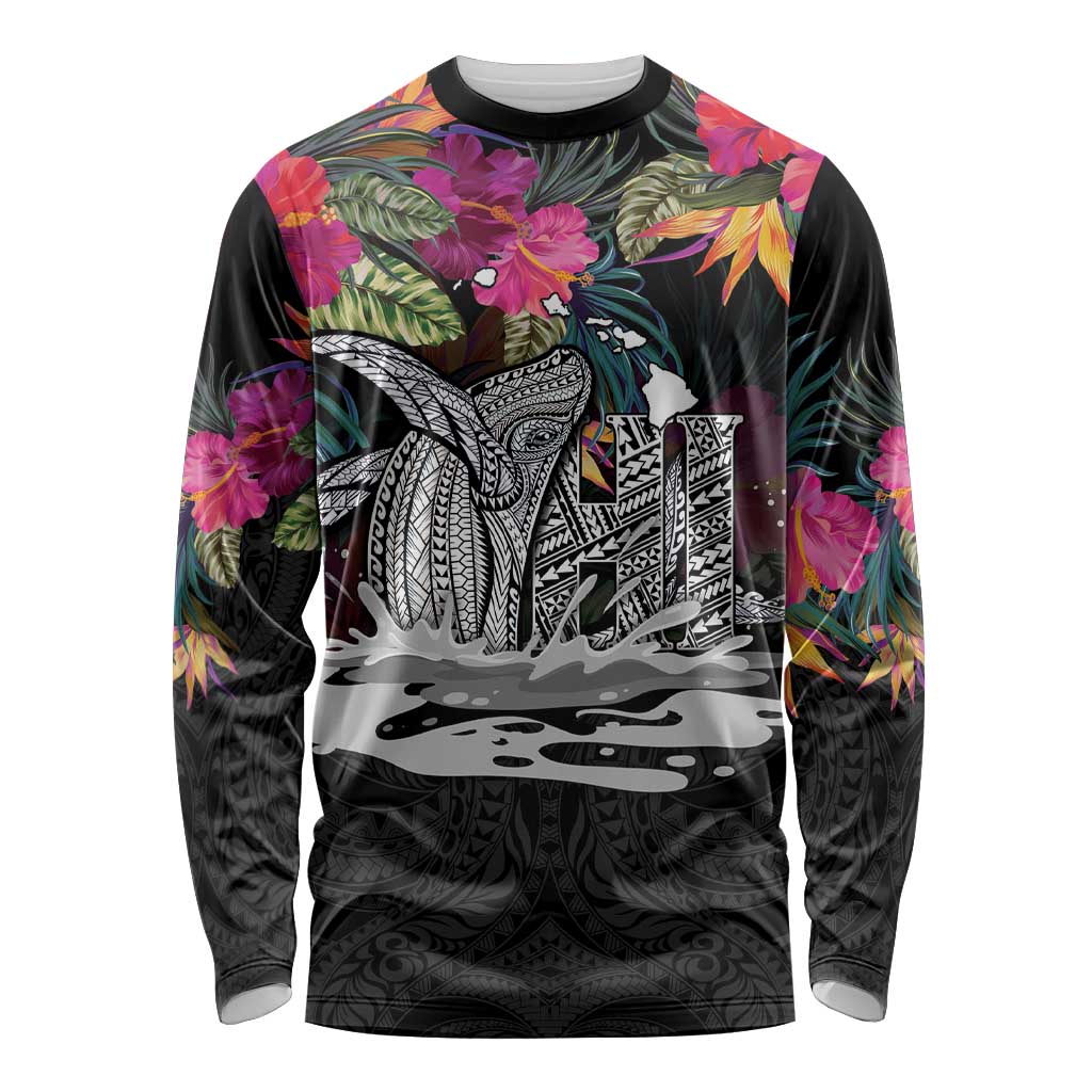 Personalised Hawaii Long Sleeve Shirt Humpback Whale Tattoo With Tropical Flowers Black LT14 Unisex Black - Polynesian Pride