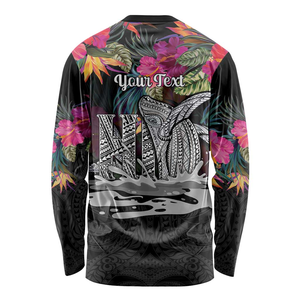 Personalised Hawaii Long Sleeve Shirt Humpback Whale Tattoo With Tropical Flowers Black LT14 - Polynesian Pride