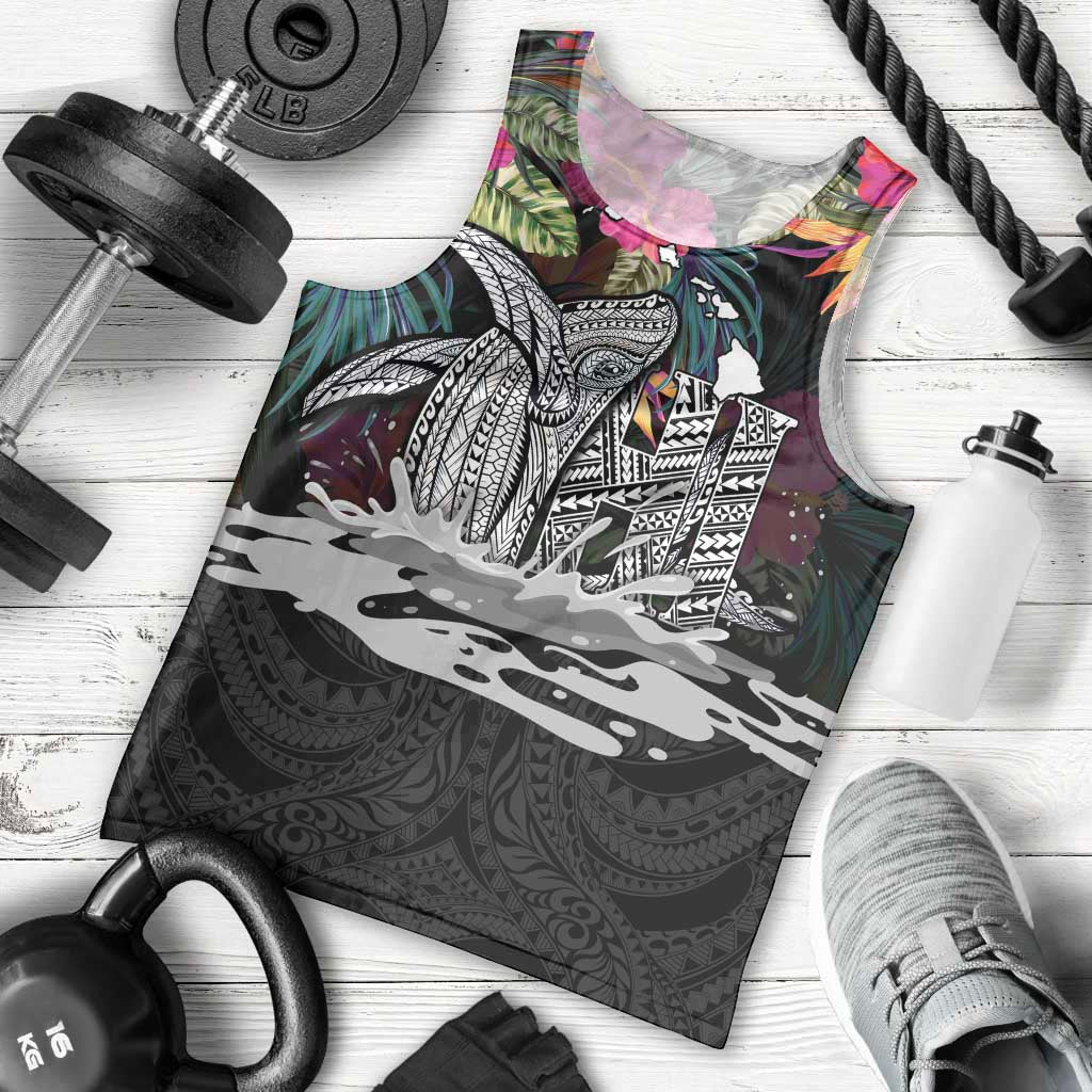 Personalised Hawaii Men Tank Top Humpback Whale Tattoo With Tropical Flowers Black LT14 - Polynesian Pride