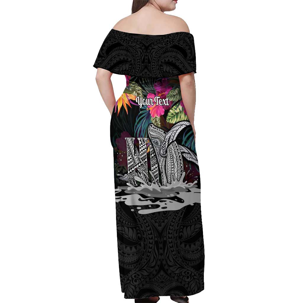 Personalised Hawaii Off Shoulder Maxi Dress Humpback Whale Tattoo With Tropical Flowers Black